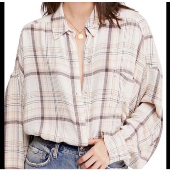 Free People We The Free Hidden Valley Button Up Shirt Beige Plaid Size L Women's - Picture 4 of 15